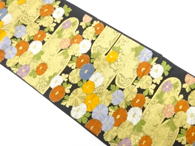 JAPANESE KIMONO / ANTIQUE FUKURO OBI / WOVEN EGASUMI & KIKU & PAULOWNIA